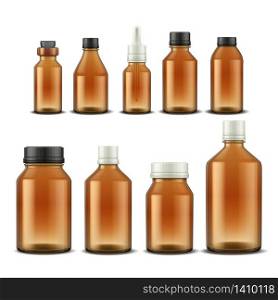 Medical bottle. Realistic pharmacy glass containers for pills mixtures and aromatic oil. Vector illustration drugs and medical supplements brown bottle with different lid set. Medical bottle. Realistic pharmacy glass containers for pills mixtures and aromatic oil. Vector drugs and medical supplements set