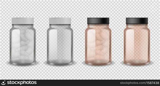 Medical bottles. Realistic plastic pill full and empty bottle set, vitamin capsule in transparent container front view, antibiotic or painkiller pharmacy drug packaging mockup vector isolated template. Medical bottles. Realistic plastic pill full and empty bottle set, vitamin capsule in transparent container front view, antibiotic or painkiller pharmacy packaging mockup vector template