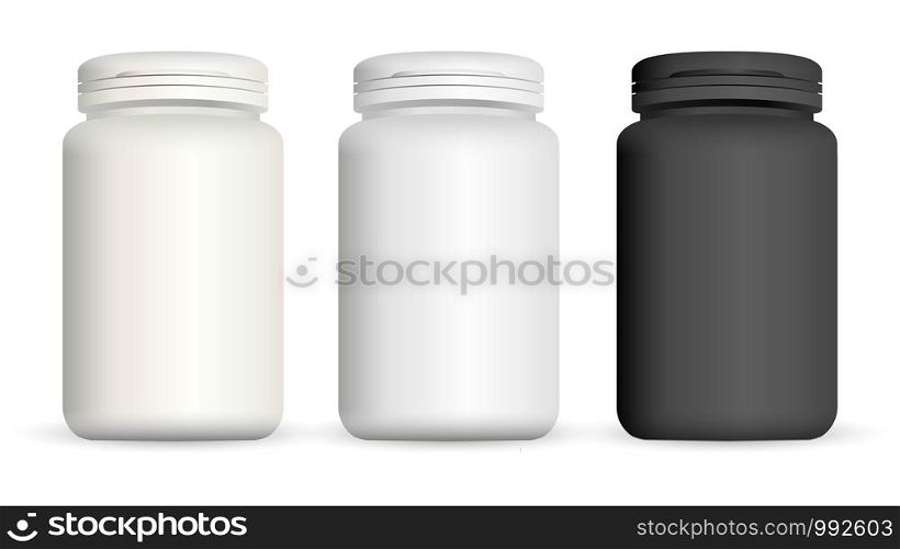 Medical bottles set. Black White containers for drugs, pills, supplements. 3d jar vector illustration.. Medical bottles set. Black White drug containers
