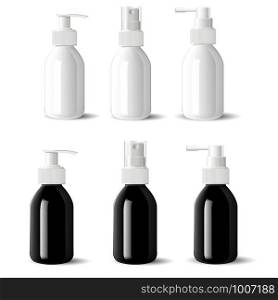 Medical bottles with dispenser spray caps. Aerosol containers in glossy black and white glass, pump dispenser for liquid moisturizer cosmetics. 3s realictic mockup product set. . Bottle dispenser spray cap. Aerosol container