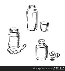 Medical bottles with pills, capsules and cough syrup with measuring cup, for healthcare and medical theme. Sketch style