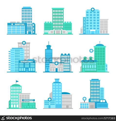 Medical building first aid modern hospital flat icons set isolated vector illustration