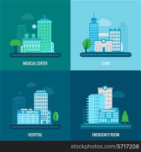 Medical building flat icons set with center clinic hospital emergency room isolated vector illustration