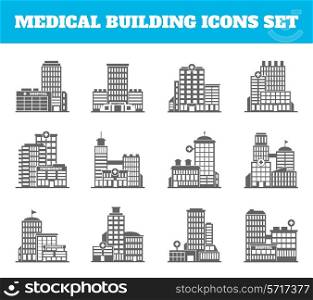 Medical building healthcare first aid modern hospital black icons set isolated vector illustration