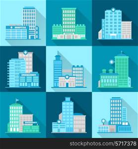 Medical building healthcare urban structure modern hospital flat icons set isolated vector illustration