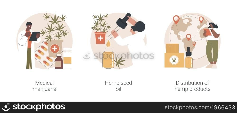 Medical cannabis abstract concept vector illustration set. Medical marijuana, hemp seed oil, distribution of hemp products, cancer pain relief, sativa plant pharmacy, CBD oil use abstract metaphor.. Medical cannabis abstract concept vector illustrations.