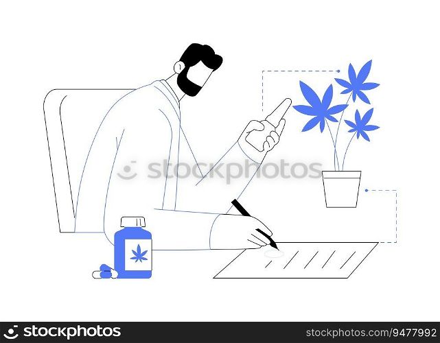 Medical cannabis prescription abstract concept vector illustration. Doctor writes prescription for cannabis, herbal drug, legalized marijuana for medical purposes, CBD products abstract metaphor.. Medical cannabis prescription abstract concept vector illustration.