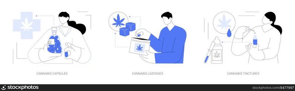 Medical cannabis products abstract concept vector illustration set. Cannabis capsules, lozenges and tinctures, CBD herbal drug, legalized medical marijuana, hemp oil use abstract metaphor.. Medical cannabis products abstract concept vector illustrations.