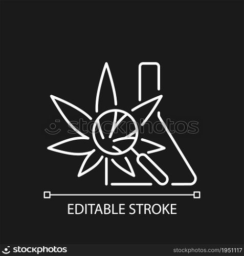 Medical cannabis research white linear icon for dark theme. Plant-based medicine evaluation. Thin line customizable illustration. Isolated vector contour symbol for night mode. Editable stroke. Medical cannabis research white linear icon for dark theme