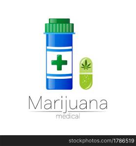 Medical cannabis symbol in vector. Logotype for marijuana, nature herbal medicine, therapy, doctors and store, business. Isolated on white background. Blue and green color. Pill and tablet health care.. Medical cannabis symbol in vector. Logotype for marijuana, nature herbal medicine, therapy, doctors and store, business. Isolated on white background. Blue and green color. Pill and tablet health care