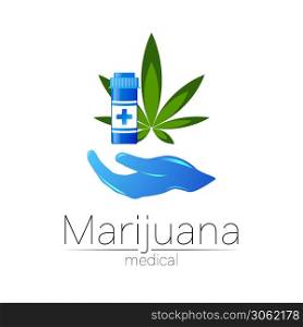 Medical cannabis symbol in vector. Logotype for marijuana, nature herbal medicine, therapy, doctors and store, business. Isolated on white. Blue and green color. Icon with human hand.. Medical cannabis symbol in vector. Logotype for marijuana, nature herbal medicine, therapy, doctors and store, business. Isolated on white. Blue and green color. Icon with human hand