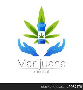 Medical cannabis symbol in vector. Logotype for marijuana, nature herbal medicine, therapy, doctors and store, business. Isolated on white. Blue and green color. Icon with human hands.. Medical cannabis symbol in vector. Logotype for marijuana, nature herbal medicine, therapy, doctors and store, business. Isolated on white. Blue and green color. Icon with human hands