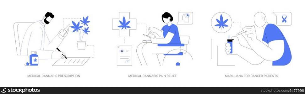 Medical cannabis use abstract concept vector illustration set. Medical cannabis prescription, pain relief, marijuana for cancer patients, legalized CBD products, oncology treatment abstract metaphor.. Medical cannabis use abstract concept vector illustrations.