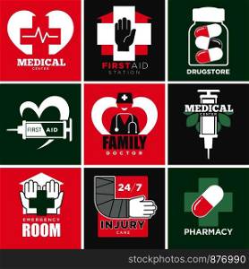 Medical care and drugstore, family doctor and pharmacy set of posters vector. Syringes for shots and injections, cross with hand and bottle with pills, heart rate pulse, broken arm of patient. Medical care and drugstore, family doctor and pharmacy vector