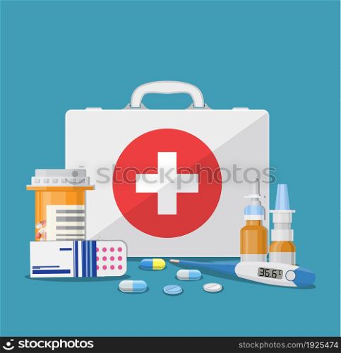 Medical care concept. medical kit stethoscope thermometer drugs and pills health care hospital icon. vector illustration in flat style.. Medical care concept
