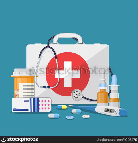 Medical care concept. medical kit thermometer drugs and pills health care hospital icon. vector illustration in flat style.. Medical care concept