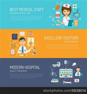 Medical care horizontal banner set with healthcare elements flat isolated vector illustration. Medical Banner Set