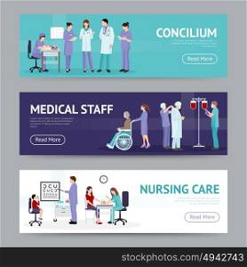 Medical Care Horizontal Banners. Medical care horizontal banners with doctor nurse counseling hospital workers in flat style vector illustration