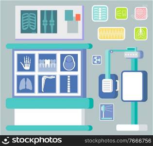 Medical care in hospital vector, isolated clinics set machinery and scanning. Apparatus for diagnostics, body parts x rays, ribs with chest, hand fingers. Roentgen Machinery and Screen with Lights Clinic