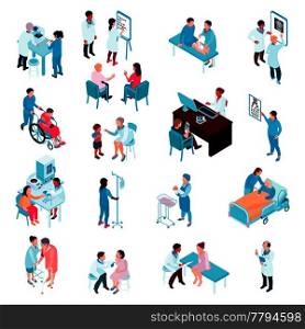 Medical care isometric set of doctors and nurses working with patients in hospital departments vector illustration. Doctors And Nurses Isometric Set