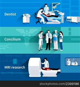 Medical care professional concilium 3 horizontal banners set with dentist and mri scan abstract isolated vector illustration. Medical specialists 3 horizontal banners set