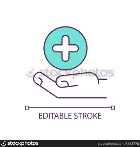 Medical care RGB color icon. Health protection. Get emergency help. Hand holding cross. Isolated vector illustration. Simple filled line drawing. Editable stroke. Medical care RGB color icon