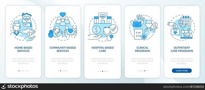 Medical care services blue onboarding mobile app screen. Social support walkthrough 5 steps graphic instructions pages with linear concepts. UI, UX, GUI template. Myriad Pro-Bold, Regular fonts used. Medical care services blue onboarding mobile app screen