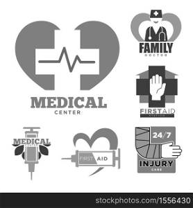 Medical center family doctor and first aid or injury care isolated icons vector help and assistance healthcare and medicine emergency and urgent, treatment monochrome emblem or logo hospital service. First aid or injury care medical center and family doctor isolated icons