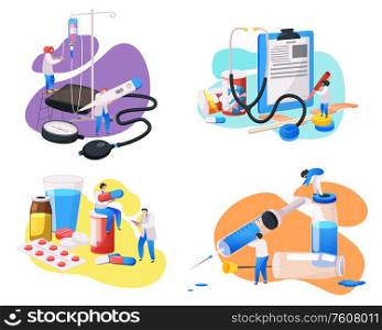Medical center flat 4x1 set of isolated compositions with human characters of doctors with medical supplies vector illustration
