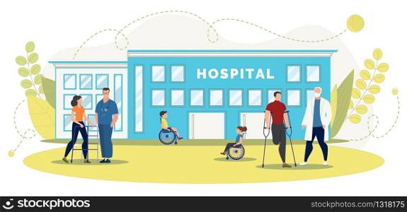Medical Center for Disabled People Trendy Flat Vector Concept. Man and Woman with Disabilities, Children in Wheelchairs, Doctors or Male Nurse Standing Together near Hospital Building Illustration
