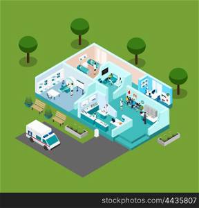 Medical Center Isometric Scheme Icons. Medical center icons Isometric interior with different rooms medical staff and equipment vector illustration