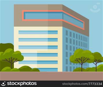 Medical center on urban background, nice park with trees. Blue sky, clouds around hospital. Clinic with ambulance. Healthcare and emergency concept. Modern medical clinic in nature landscape. Urban medical center on background of trees. Modern clinic with ambulance in nature landscape