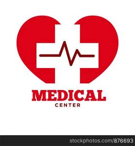 Medical center poster with heart symbol. Health care of patients with problems. Diagnostic clinic to heal diseases and illnesses of people, pulse symbolizing medicine isolated on vector illustration. Medical center poster with heart symbol vector illustration