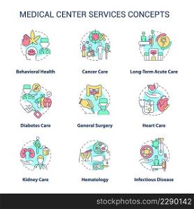 Medical center services concept icons set. Professional patient care idea thin line color illustrations. Isolated symbols. Editable stroke. Roboto-Medium, Myriad Pro-Bold fonts used. Medical center services concept icons set