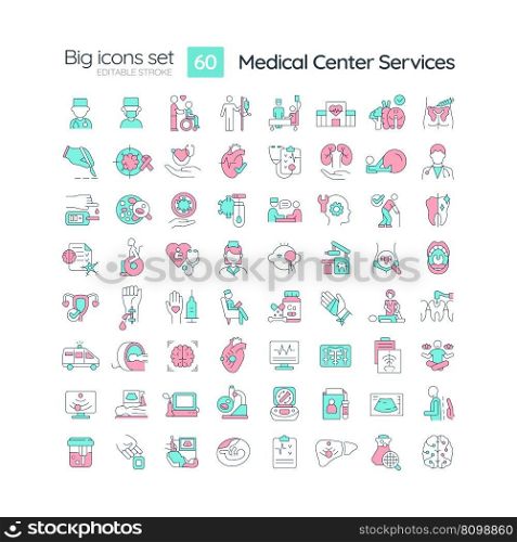 Medical center services RGB color icons set. Primary healthcare. Urgent care. Hospital consultancy. Isolated vector illustrations. Simple filled line drawings collection. Editable stroke. Medical center services RGB color icons set
