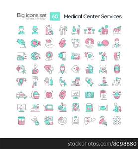 Medical center services RGB color icons set. Primary healthcare. Urgent care. Hospital consultancy. Isolated vector illustrations. Simple filled line drawings collection. Editable stroke. Medical center services RGB color icons set
