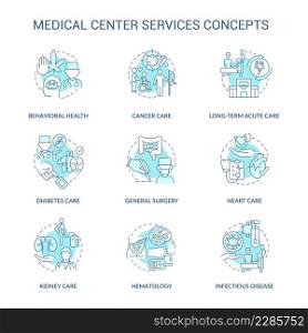 Medical center services turquoise concept icons set. Professional patient care idea thin line color illustrations. Isolated symbols. Editable stroke. Roboto-Medium, Myriad Pro-Bold fonts used. Medical center services turquoise concept icons set