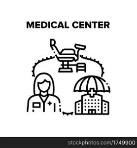Medical Center Vector Icon Concept. Medical Center Building And Doctor Woman, Gynecological Chair In Hospital Cabinet. Medicine Service Clinic, Health Examination And Treatment Black Illustration. Medical Center Vector Black Illustrations