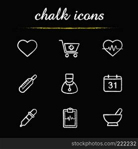 Medical chalk icons set. Heart shape, drugstore cart, ecg, thermometer, doctor, calendar, dropper, clipboard cardiogram, mortar and pestle. Isolated vector chalkboard illustrations. Medical chalk icons set