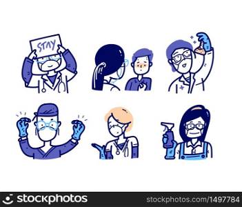 Medical characters action avatar.Doctor,nurse,patient and staff.Portrait. Doodle cartoon line art and hand draw.