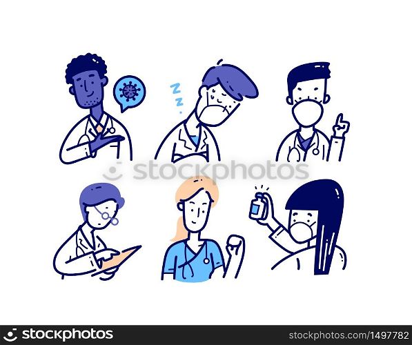 Medical characters action avatar. Portrait. Doodle cartoon line art.