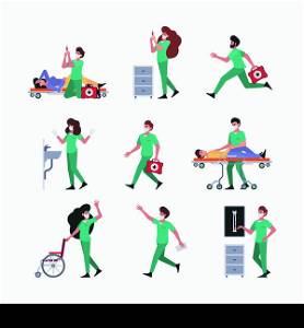 Medical characters. Emergency nurse and doctors helping people protection life garish vector people medical stuff. Illustration of hospital medical emergency team. Medical characters. Emergency nurse and doctors helping people protection life garish vector people medical stuff
