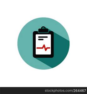 Medical chart icon on a green circle. Cardiogram report. Heart graph. Vector illustration