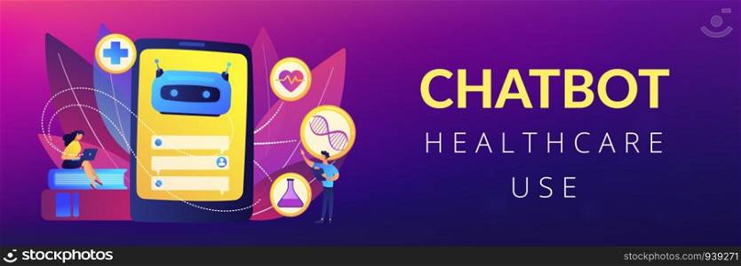Medical chatbot gives healthcare consultation to patient. Chatbot healthcare use, artificial intelligence caregiver, anonymous consultation concept. Header or footer banner template with copy space.. Chatbot in healthcare concept banner header.