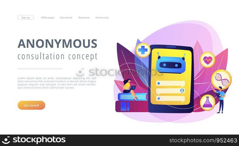 Medical chatbot gives healthcare consultation to patient. Chatbot healthcare use, artificial intelligence caregiver, anonymous consultation concept. Website vibrant violet landing web page template.. Chatbot in healthcareconcept landing page.