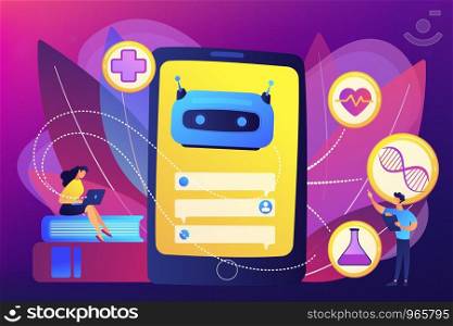 Medical chatbot gives healthcare consultation to patient. Chatbot healthcare use, artificial intelligence caregiver, anonymous consultation concept. Bright vibrant violet vector isolated illustration. Chatbot in healthcare concept vector illustration.