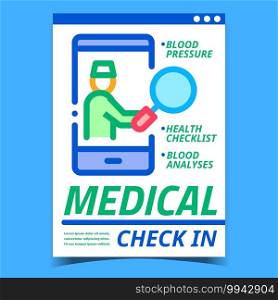 Medical Check In Creative Promotion Banner Vector. Health Checklist, Medicine Blood Pressure And Analyses Check In Advertising Poster. Doctor Diagnose Concept Template Style Color Illustration. Medical Check In Creative Promotion Banner Vector