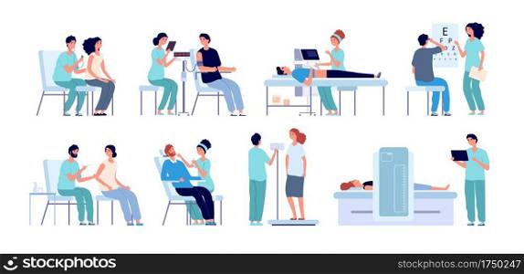 Medical check up. Doctor checking patient, eyes test and physical health. Hospital pre operation procedures. Male female checkup vector set. Medical doctor, patient diagnostic illustration. Medical check up. Doctor checking patient, eyes test and physical health. Hospital pre operation procedures. Male female checkup vector set