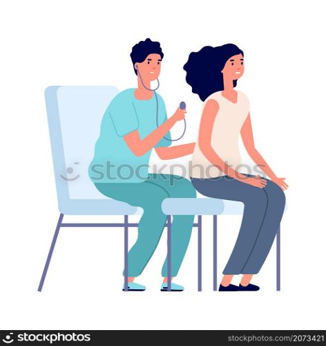 Medical check up. Woman and doctor, female clinical examination healthcare. Flat cartoon girl at hospital vector illustration. Doctor medical check up, woman patient in hospital. Medical check up. Woman and doctor, female clinical examination healthcare. Flat cartoon girl at hospital vector illustration