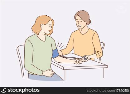 Medical checkup of blood pressure concept. Female doctor making blood pressure and health examination in clinic for young woman patient vector illustration . Medical checkup of blood pressure concept